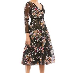 Mac Duggal Black Floral Long Sleeve Dress  Midi